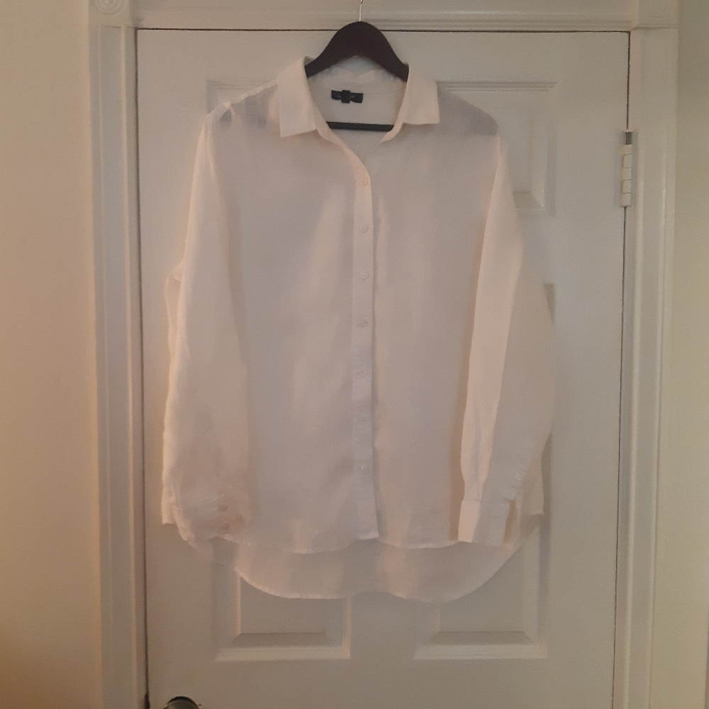 Classic White Button-Up Shirt. High Low Hem.